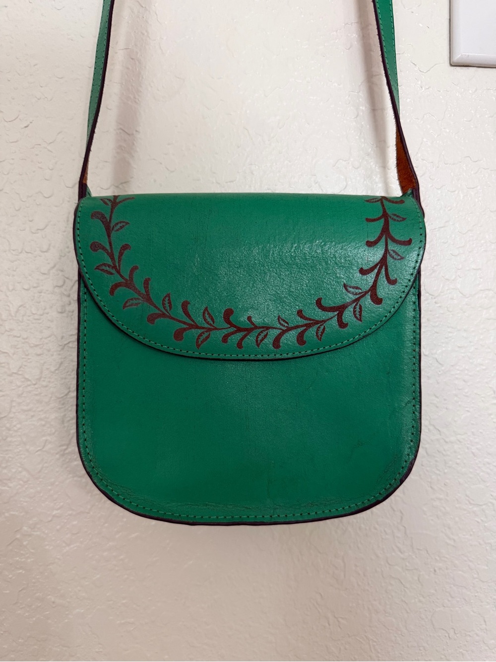 Green Leather and Suade Crossbody Saddle bag with Brown Leaf detailing